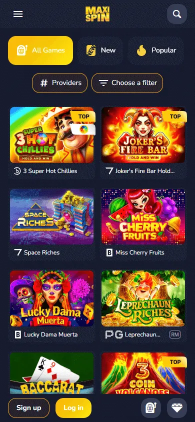 Maxispin Casino games view on a mobile device
