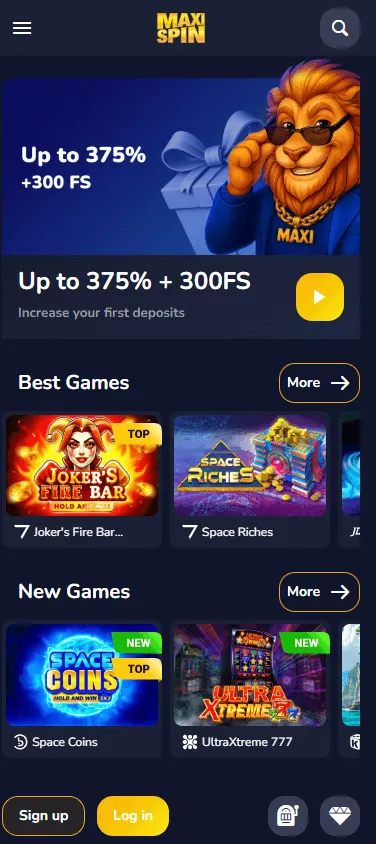 Maxispin Casino home view on a mobile device