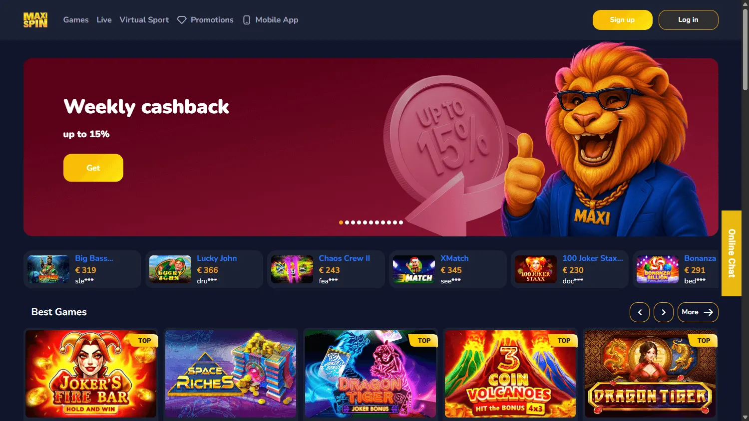 Maxispin Casino home view on desktop