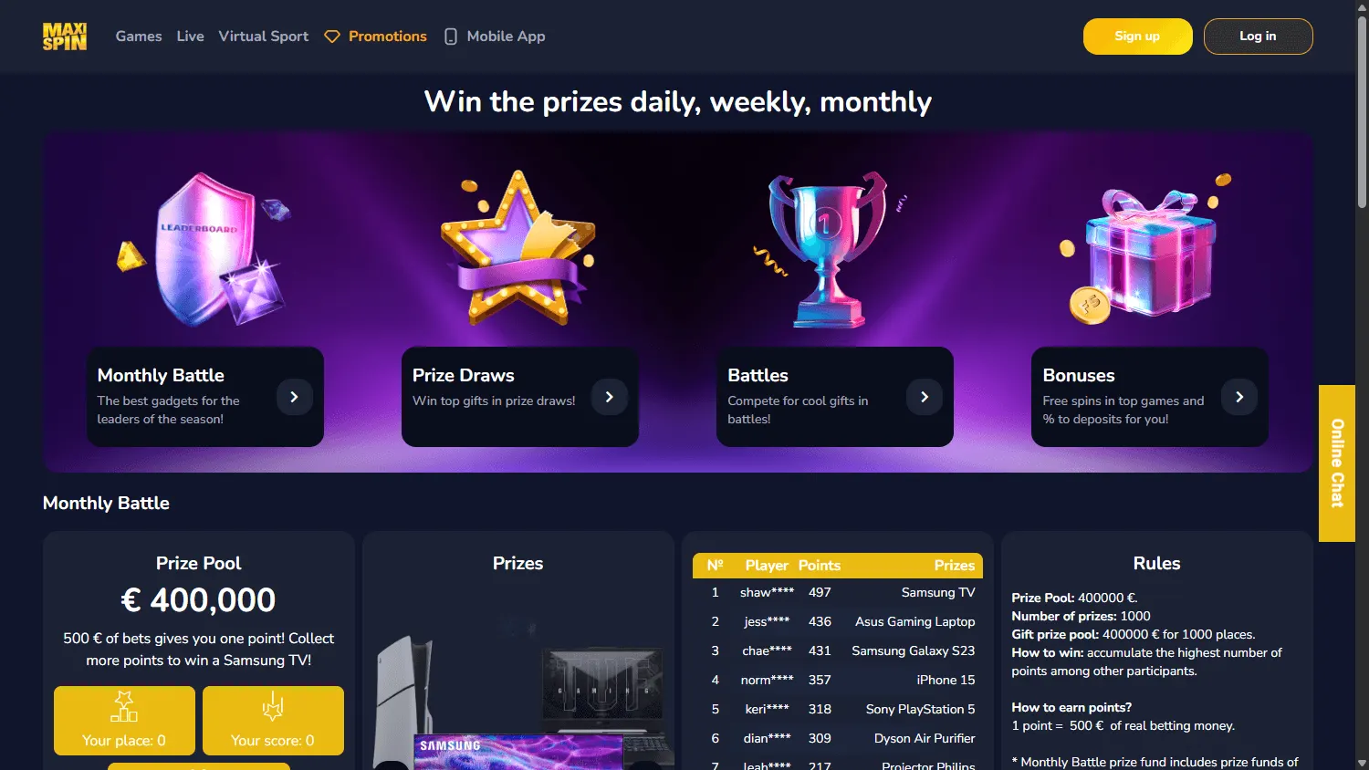 Maxispin Casino promotions view on desktop